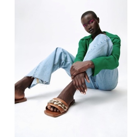 Zara Square Toe Vegan Leather Gold Chain Slides in Brown Size 7.5 or 38 - Picture 10 of 12